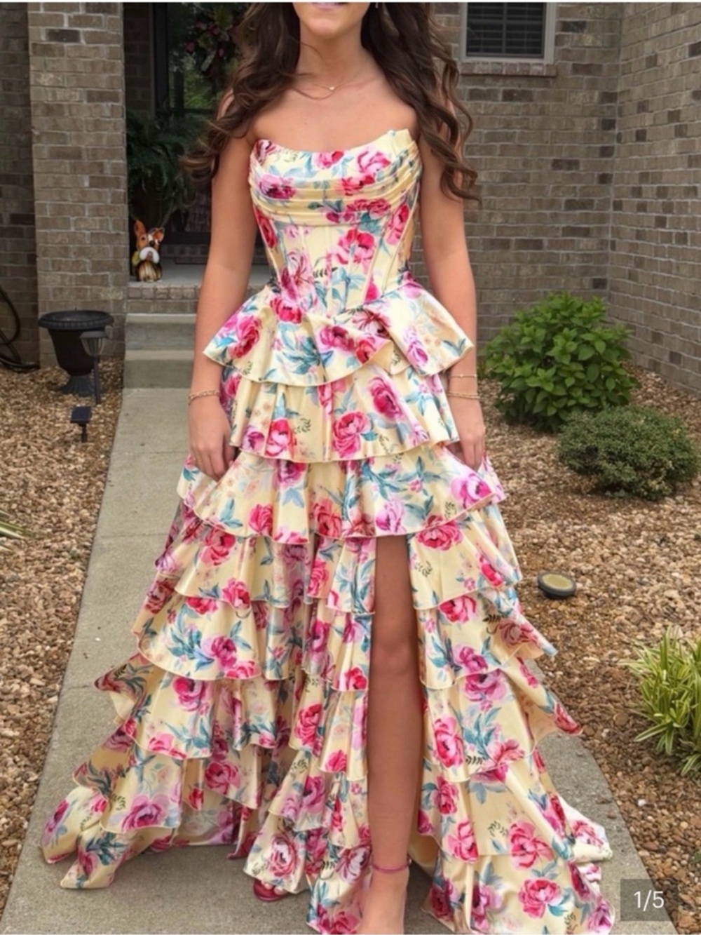 Sherri Hill Yellow Strapless Floral Tiered Ruffle Gown